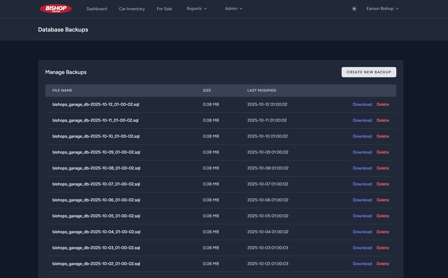 Bishop Sales - Database Backups